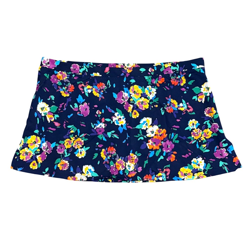 Lands End Women Navy Blue Floral Print Swim Skirt Side Slit Swimsuit Bottom 14